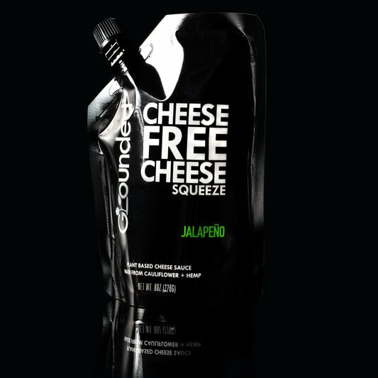 Grounded CHEESE FREE CHEESE SQUEEZE – Jalapeño | 100% Plant Based | Nut Free | Soy Free | Keto | Lactose Free cheese. All natural, sustainable vegan cheese, vegan queso made from hemp. Dairy free, healthy alternative to spicy queso.