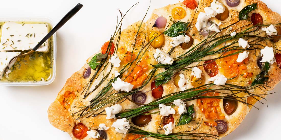 FOCACCIA WITH HEMP SEED GOAT CHEESE, CHERRY TOMATOES and PEPPERS