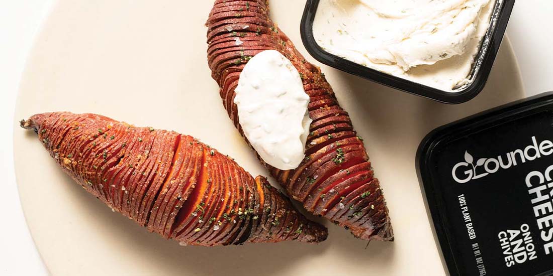 HASSLEBACK SWEET POTATOES with HEMP SEED CREAM CHEESE